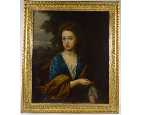English school oil on canvas circa 1700, half length portrait of a young woman in landscape setting, unsigned, 30" x 25", ori
