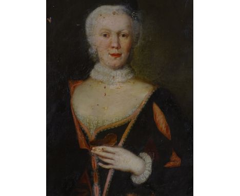 Oil on canvas circa 1700, portrait of a woman wearing a lace ruff, possibly Russian, unsigned, 34" x 24", framed