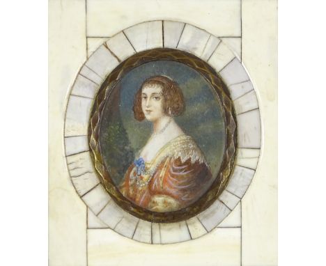 Miniature watercolour on ivory, portrait of a woman, signed, in ebony and ivory frame, overall dimensions 3.75" x 3.25"