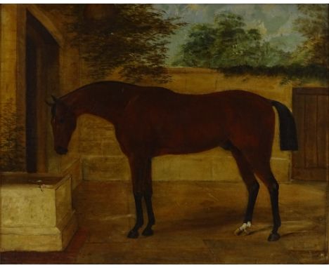 A 19th century oil on canvas, portrait of a horse in a stableyard, unsigned, 16" x 20.5", framed