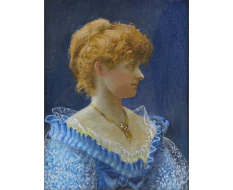 Late 19th century Scottish School, oil on canvas, head and shoulders portrait of a woman wearing a blue dress, unsigned, 24" 