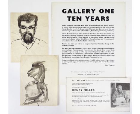 Henry Miller, 2 pen and ink portrait studies 1956, Gallery One London, including original invite and gallery catalogue