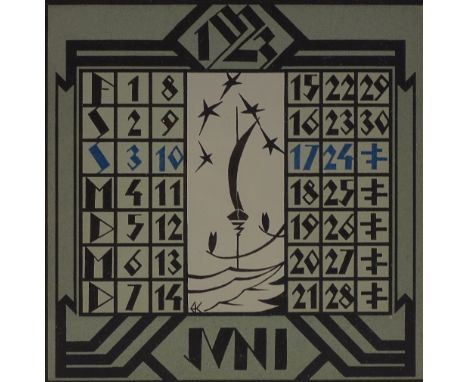 3 German Art Deco lithograph calendar pages, 1923, 6.5" x 6.5", framed