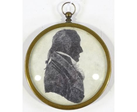 19th century watercolour silhouette, portrait of a gentleman, unsigned, in original brass frame, overall diameter 3"