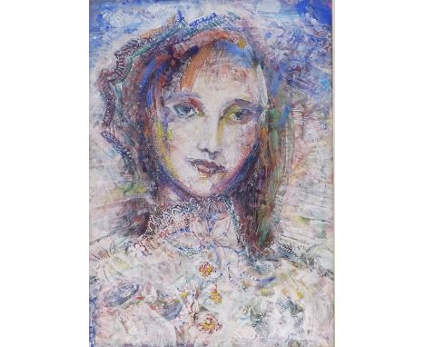 Mixed media on card, head portrait of a girl, unsigned, 17" x 12", framed