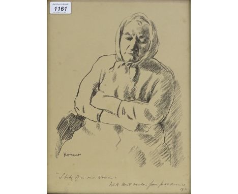 Jacob Kramer, lithograph, portrait of a woman, 14" x 10", and L S Lowry, limited edition print, street scene, framed (2)