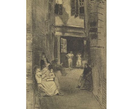 James McNeill Whistler, lithograph, Continental street scene, signed with monogram in the plate, plate size 10.25" x 4", moun