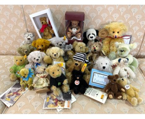 Box of Miniature Teddy Bears, assorted makes, including four Steiff, Hermann, Fred Bear, Little Uns, Pipedream, Villery & Boc