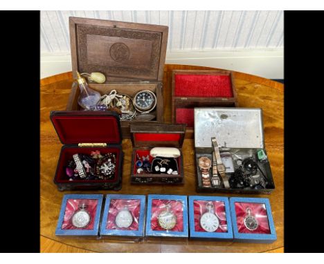 Collection of Costume Jewellery & Jewellery Boxes, comprising  watches, lighter, perfume bottle, brooches, bracelets, pearls,