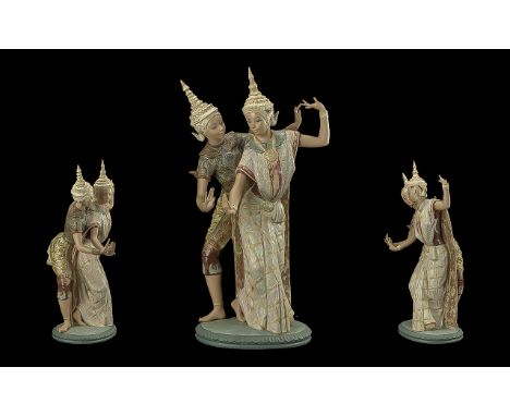 Lladro Large Impressive Hand Painted Figure ' Thai Couple ' Model No 2058. Issued 1974 - 1998, Height 20 Inches - 50 cms. Tip
