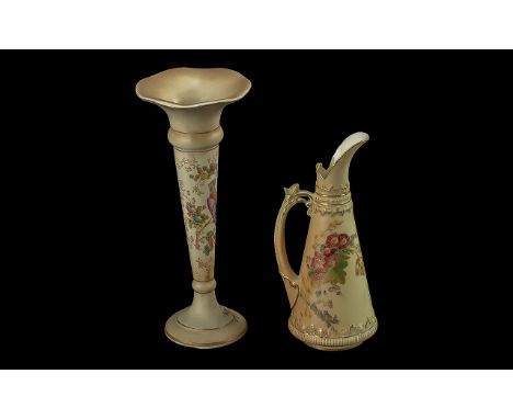 Royal Worcester Blush Ivory Small Jug, 6.5" high, together with a Ducal bird decorated specimen vase, 8" high.