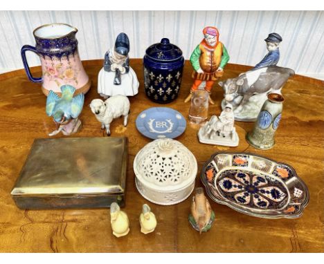 Collection of Pottery to include Beswick sheep, two Royal Copenhagen figure groups, Royal Worcester bird with fish in mouth, 
