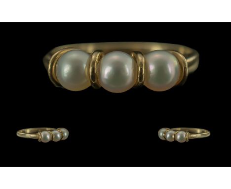 Ladies 9ct Gold Attractive 3 Pearl Set Dress Ring, Full Hallmark to Shank, The Well Matched Pearls of Good Lustre Colour. Rin