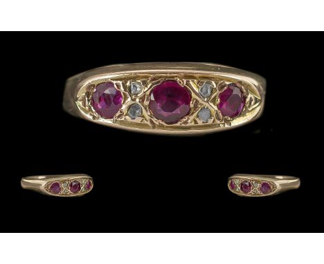 Antique Period Attractive 9ct Gold Ruby and Diamond Set Ring, Full Hallmark to Interior of Shank. THe Pave Set Rubies of Plea