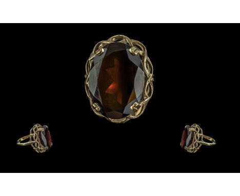 Ladies 9ct Gold Single Stone Smoky Topaz Set Ring, Ornate Shank, full hallmark for 9ct to Interior of shank, the smoky topaz 