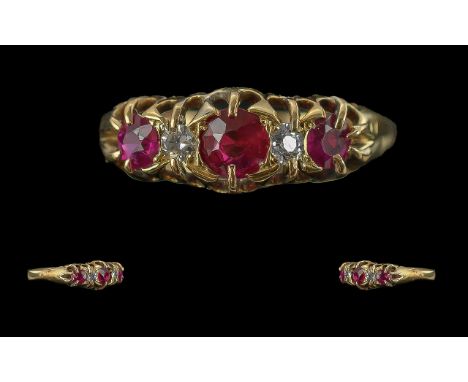 Edwardian Period 1902 - 1910 Excellent 18ct Gold Ruby and Diamond Set Ring, Gallery Setting. Marked 18ct Gold to Interior of 