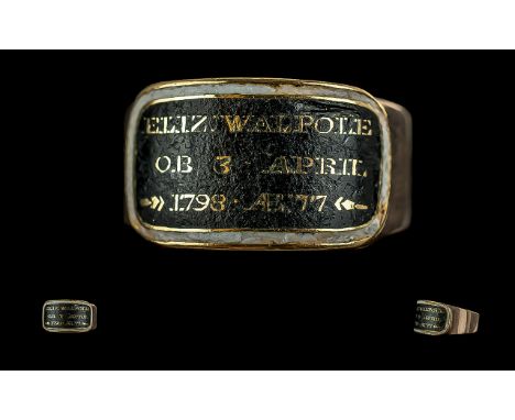 Antique George III Mourning Ring, The Mount Reads '' ELIZ WALPOLE O.B 3 APRIL 1798 AE:77'' On A Later 9ct Gold Band. Possible