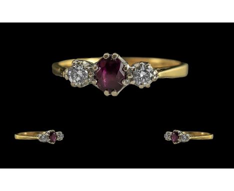 Ladies 18ct Gold 3 Stone Ruby and Diamond Set Ring, Full Hallmark to Interior of Shank. The Ruby and Diamonds of Pleasing Col