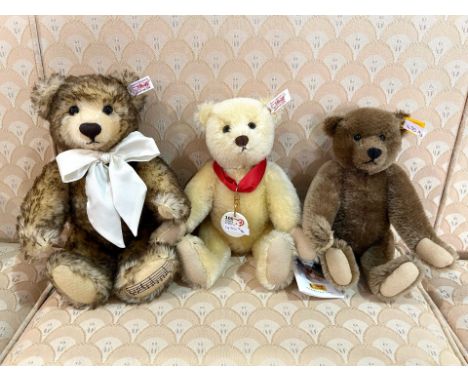 Three Steiff Bears - comprising Steiff Musical Bear plays 'Land of Hope and Glory', 100 Years of Steiff Bear, and Steiff brow