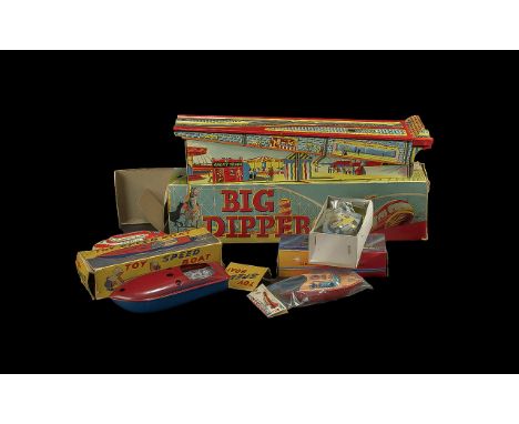 Four Vintage Boxed Toys to include Toy Speed Boat, Tin Speed Boat, Actual steam engine antique tin toy reproduction, Pop Pop 