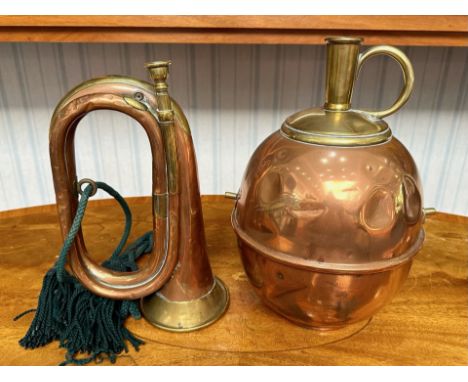 A Copper Bugle, VBM Regiment T Reynolds, along with copper and brass water vessel.