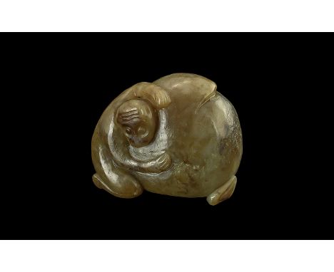 Chinese 19th Carved Jade Sculpture of a Monkey To The Side of a Large Rock. Weight 177.3 grams. Height 2 Inches - 5 cms. 