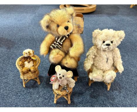 Collection of Charlie Bears, comprising an anniversary Ethan designed by Isabelle Lee, sitting in a rocking chair, Monty Bear