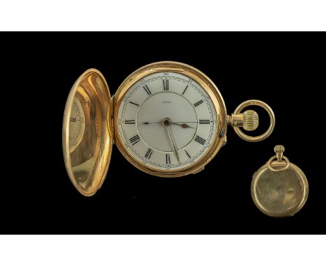 18ct Gold Keyless Chronograph Full Hunter Pocket Watch. Full Hallmark for 18ct Gold. Stop / Start, No Glass. Weight 107.7 gra