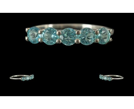 Russian Apatite Half Eternity Ring with five round cut, vivid turquoise blue, apatites, the rare stone from Russian sources, 