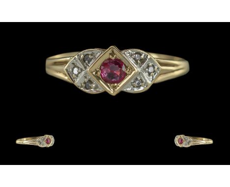 18ct Gold - Pleasing Ruby and Diamond Set Ring, Full Hallmark to Interior of Shank. Ruby of Good Colour, Ring Size N. Weight 