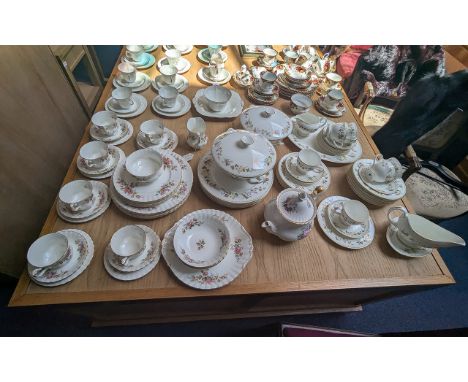 Royal Albert ' Moss Rose ' Part Dinner Service. Includes Milk Jug, Cups, Saucers, Side Plates, Dinner Plates, Sugar Bowl, Bow
