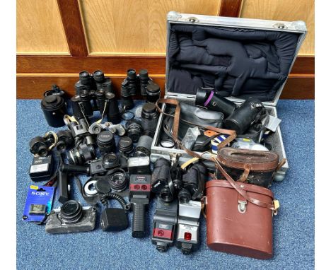 Photography Interest - Olympus OM2 Camera in case, with Sigma 28mm lens, Olympus Zuko 50mm lens, Vivitar Series 1 Macro Lens 