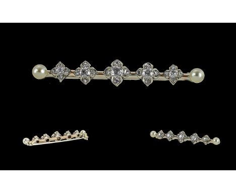 Antique Period 9ct Gold Shamrock Designed Diamond Set Stick Brooch. Not Marked but Tests 9ct. The Five Semi-Cushion Cut Diamo