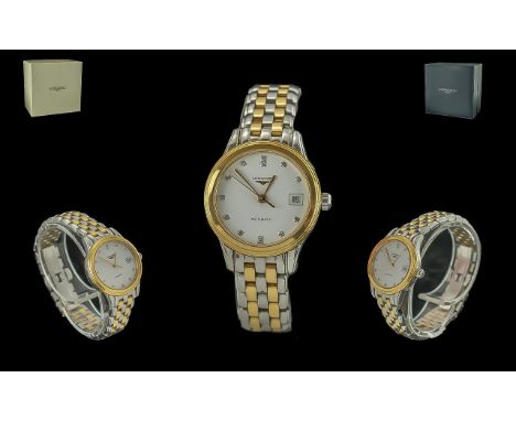 Longines Ladies Gold Tone and Steel Automatic Wrist Watch. Model No 4-274-3-27-7. Features Diamond Set Markers, F - G Colour,