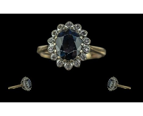 Ladies 9ct Gold Sapphire and Diamond Set Cluster Ring, Flower head Setting / Design. Ring Size N. Weight 2,7 grams. 