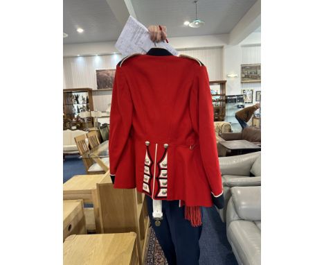 Grenadier Guard Dress Uniform, red jacket with 'Honi Soit Qui Mal Y Pense' on epaulettes, white leather belt with brass dress