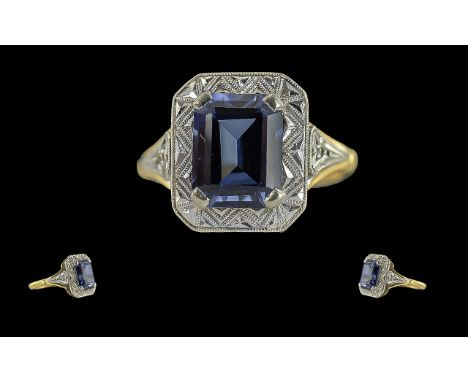 Antique Period Ladies Attractive Platinum and 10ct Gold Single Stone Blue Faceted Sapphire Set Ring, Excellent Designed / Pla