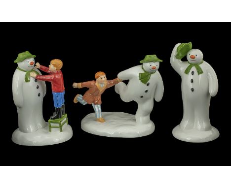 Collection of ( 3 ) Coalport ' The Snowman ' Figures, All with Boxes. Comprises 1/ First Edition - The Adventure Begins. 2/ F