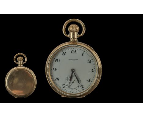 Dreadnought Gold Plated Keyless Open Faced Pocket Watch, Dennison Watch Case, Guaranteed to be of Two Plates of Gold with Com