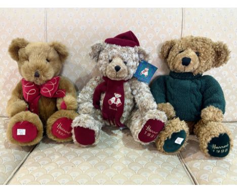 Six Harrod's Teddy Bears, comprising Christmas Bear 1997, in a red velvet bow tie, Christmas Bear 1998', wearing a green swea