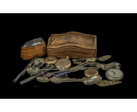 A Variety of Assorted Collectables to include a table top lighter, pocket watches, pens, off flat ware, leather bound jewelle