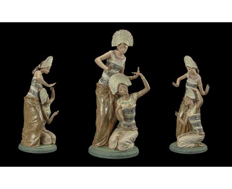 Lladro - Large and Impressive Hand Painted Group Figure  ' Graceful Duo ' Thai Dancers. Issued 1977 - 1994. Height 22 Inches 