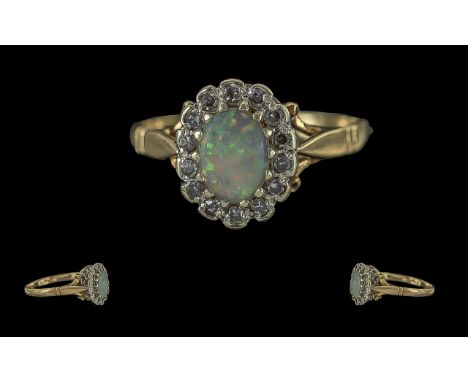 Ladies 18ct Gold Attractive Opal and Diamond Set Cluster Ring, Full Hallmark to Interior of Shank. The Central Opal of Good C