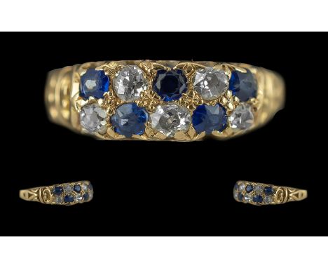 Late Victorian Period 18ct Gold Sapphire and Diamond Set Ring, Excellent Setting. Hallmark Birmingham 1880. The Blue Sapphire