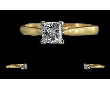 Ladies 18ct Gold Single Stone Diamond Set Ring, Full Hallmark to Interior of Shank, The Princes Cut Square Faceted Diamond of