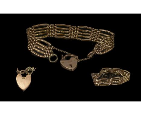 Ladies - Fine Quality Deluxe Version 9ct Gold 5 Bar Gate Bracelet with 9ct Gold Heart Shaped Padlock, Marked 9ct. Excellent W