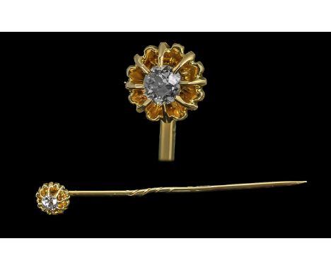 Antique Period 15ct Gold Diamond Set Stick Pin, Marked 15ct. The Semi Cushion Cut DIamond of Good Colour / Clarity, With Disp