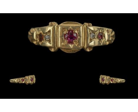 Antique Period 18ct Gold Ruby and Diamond Set Dress Ring. Hallmark to Interior of Shank, Well Designed. Ring Size M. Weight 2