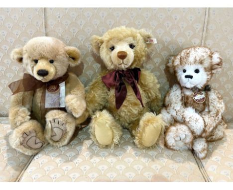 Steiff Teddy Bear, with growler, golden mohair with necktie, button in ear.  Together with two Charlie Bears, 'Parker' and 'C