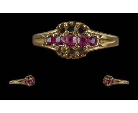 Antique Period Ladies 9ct Gold 5 Stone Ruby Set Ring, Open Worked Setting. Full Hallmark to Shank. Well Matched Rubies of Goo